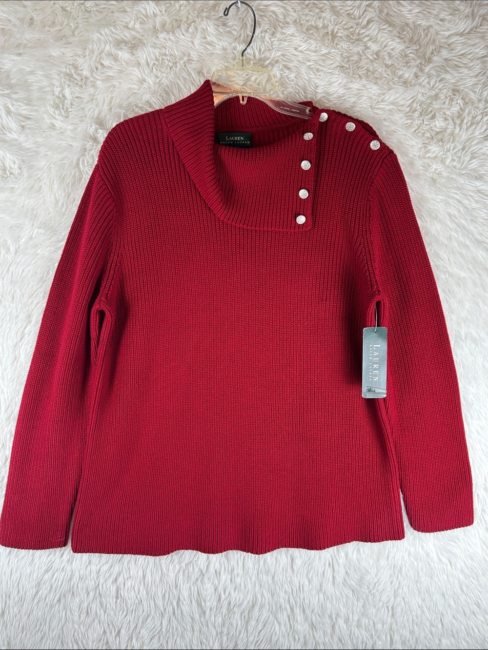 Lauren Ralph Lauren Red Button-Shoulder Cowl Neck Sweater
